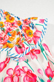 Pink Floral Print Striped Detail Split Neck Short Sleeve Blouse