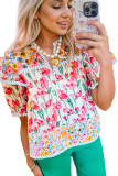 Pink Floral Print Striped Detail Split Neck Short Sleeve Blouse