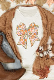 White Glitter Trim Floral Bow Print Cotton Blend T Shirt