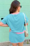 Turquoise Plus Size Contrast Trim T Shirt and Skirt Two Piece Set