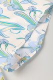 Green Floral Print Shirtcollar Buttoned Short Sleeve Shift Dress
