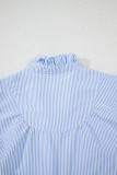 Sky Blue Stripe Ruffled Collar Puff Sleeve Half Buttons Blouse
