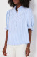 Sky Blue Stripe Ruffled Collar Puff Sleeve Half Buttons Blouse
