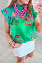 Green Floral Print Flutter Sleeve Frilly Neck Blouse