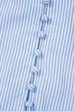 Sky Blue Stripe Ruffled Collar Puff Sleeve Half Buttons Blouse