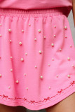 Pink Contrast Bow Trim Pearl Puff Sleeve Blouse and Skort 2pcs Set