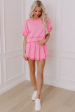 Pink Contrast Bow Trim Pearl Puff Sleeve Blouse and Skort 2pcs Set