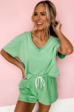 Mint Green V Neck Drop Shoulder Tee and Patchwork Drawstring Shorts Set
