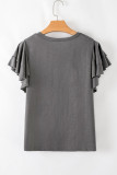 Dark Grey Sequin Turquoise Pattern Ruffle Sleeve Cowgirl Tee