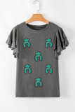 Dark Grey Sequin Turquoise Pattern Ruffle Sleeve Cowgirl Tee