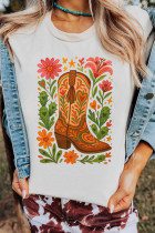 White Western Floral Boots Printed Casual Cotton Blend T Shirt