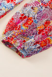 Fiery Red White Floral Print V Neck Long Puff Sleeve Top