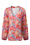 Fiery Red White Floral Print V Neck Long Puff Sleeve Top