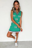 Mint Green Contrast Striped Detail Glitter Baseball Patched V Neck Tank Dress