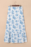 Sky Blue Boho Floral High Waist Ruffle Split Maxi Skirt