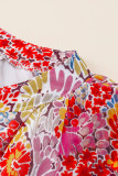 Fiery Red White Floral Print V Neck Long Puff Sleeve Top