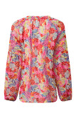 Fiery Red White Floral Print V Neck Long Puff Sleeve Top