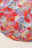 Fiery Red White Floral Print V Neck Long Puff Sleeve Top