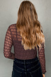 Coffee Sheer Mesh Patterned Lettuce Trim Slim Long Sleeve Top