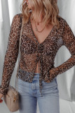 Multicolour Leopard Sheer Mesh Long Sleeve V Neck Lace-up Blouse
