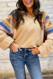 Light French Beige Aztec Patchwork Raglan Pullover Sweatshirt