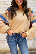 Light French Beige Aztec Patchwork Raglan Pullover Sweatshirt