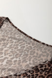 Multicolour Leopard Sheer Mesh Long Sleeve V Neck Lace-up Blouse