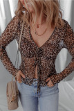 Multicolour Leopard Sheer Mesh Long Sleeve V Neck Lace-up Blouse