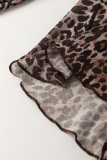 Multicolour Leopard Sheer Mesh Long Sleeve V Neck Lace-up Blouse