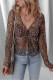 Multicolour Leopard Sheer Mesh Long Sleeve V Neck Lace-up Blouse