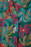 Green Floral Friled V Neck Puff Sleeve Ruffled Shirt Dress
