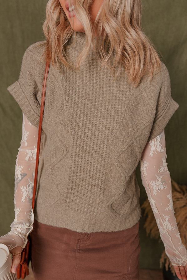 Smoke Gray Textured Knit High Neck Sweater T Shirt