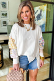 White Floral Dotted Mixed Print Patchwork Sleeve High Low Casual Sweatshirt