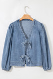 Dusk Blue Tied Front Long Puff Sleeve Denim Top