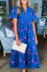 Blue Floral Print Notched Neck Butterfly Sleeve Shift Long Dress