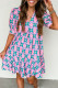 Pink Geometric Floral Print V Neck Ricrac Trim Short Sleeve Mini Dress