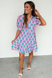 Pink Geometric Floral Print V Neck Ricrac Trim Short Sleeve Mini Dress
