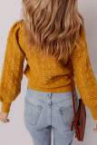 Jurassic Gold Hollow Out Crochet Ribbed Edge Balloon Sleeve Sweater
