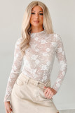White Sheer Floral Lace Mesh Mock Neck Long Sleeve Top