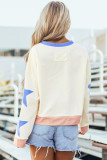 Beige Sequin Rugby Graphic Starry Patched Contrast Trim Game Day Sweatshirt
