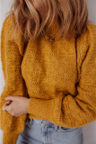 Jurassic Gold Hollow Out Crochet Ribbed Edge Balloon Sleeve Sweater