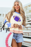 Beige Sequin Rugby Graphic Starry Patched Contrast Trim Game Day Sweatshirt