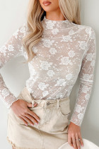 White Sheer Floral Lace Mesh Mock Neck Long Sleeve Top