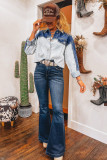 Dusk Blue Color Block Patchwork Flap Detail Distress Denim Jacket