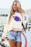 Beige Sequin Rugby Graphic Starry Patched Contrast Trim Game Day Sweatshirt