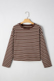 Brown Stripe Ribbed Cropped Crew Neck Long Sleeve T Shirt