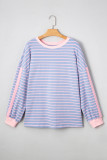 Sky Blue Stripe Oversize Contrast Trim Drop Shoulder Casual Top