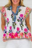 Pink Floral Print Tie Neck Striped Detail Flutter Sleeve Blouse