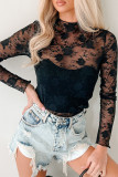 Black Sheer Floral Lace Mesh Mock Neck Long Sleeve Top