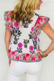 Pink Floral Print Tie Neck Striped Detail Flutter Sleeve Blouse
